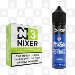 Mad Blue by Mix Labs x Nixer E Liquid | 60ml Long Fill, Strength & Size: 03mg • 60ml • Inc Shots (70/30)