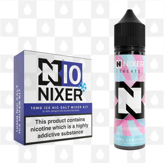 Bubblegum by Nixer E Liquid | 60ml Long Fill | Mixer Kit, Nicotine Type: Nicotine Salt, Strength & Size: 10mg Salt Ice • 60ml • Inc Shots (50/50)