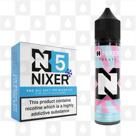 Bubblegum by Nixer E Liquid | 60ml Long Fill | Mixer Kit, Nicotine Type: Nicotine Salt, Strength & Size: 05mg Ice Salt • 60ml • Inc Shots (50/50)