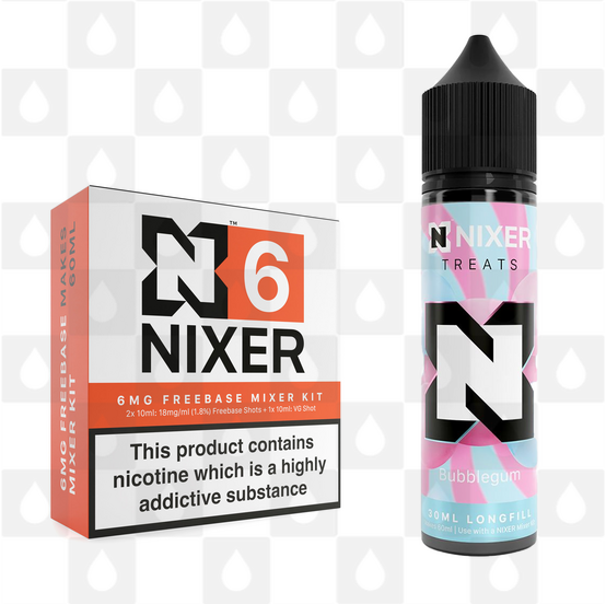 Bubblegum by Nixer E Liquid | 60ml Long Fill | Mixer Kit, Nicotine Type: Regular Nicotine, Strength & Size: 06mg • 60ml • Inc Shots (70/30)