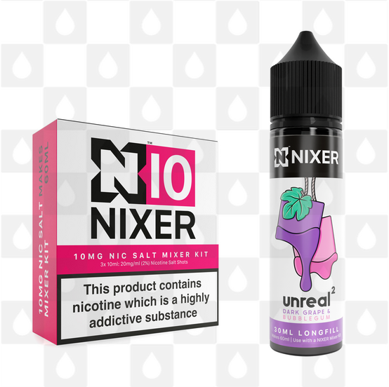 Dark Grape & Bubblegum by Unreal 2 x Nixer E Liquid | 60ml Long Fill, Strength & Size: Salt 10mg • 60ml • Inc Shots (50/50)