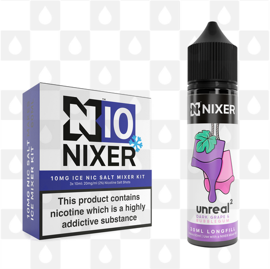 Dark Grape & Bubblegum by Unreal 2 x Nixer E Liquid | 60ml Long Fill, Strength & Size: Salt 10mg Ice • 60ml • Inc Shots (50/50)