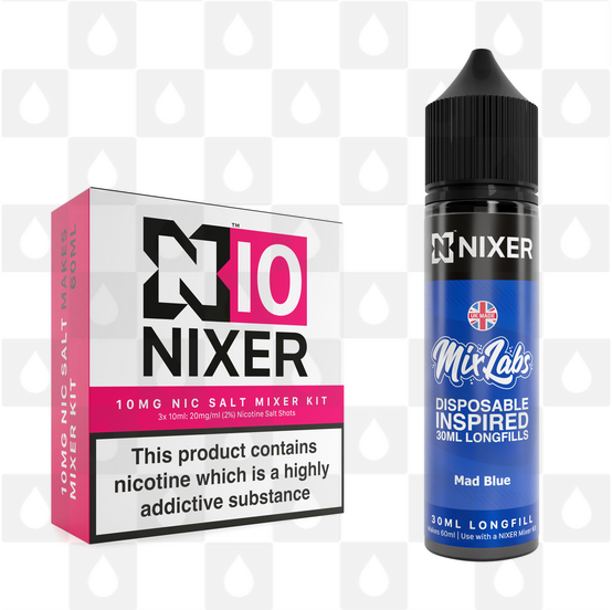 Mad Blue by Mix Labs x Nixer E Liquid | 60ml Long Fill, Nicotine Type: Nicotine Salt, Strength & Size: 10mg Salt • 60ml • Inc Shots (50/50)