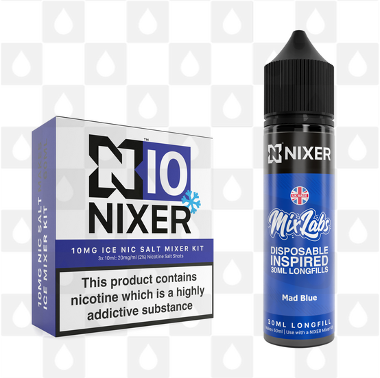 Mad Blue by Mix Labs x Nixer E Liquid | 60ml Long Fill, Nicotine Type: Nicotine Salt, Strength & Size: 10mg Salt Ice • 60ml • Inc Shots (50/50)