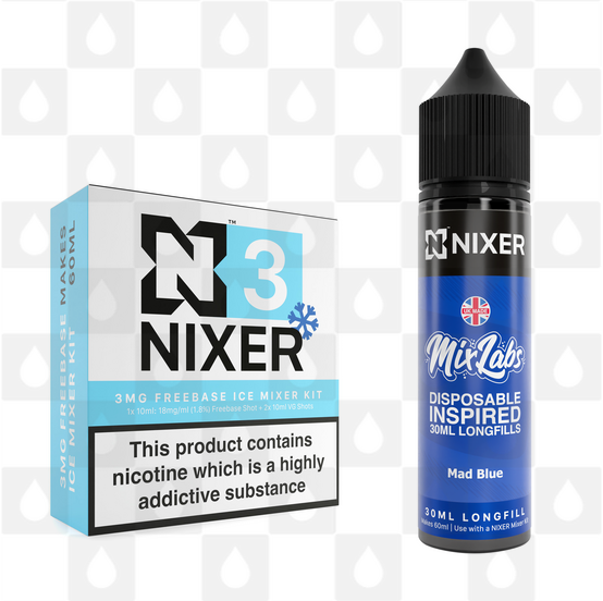 Mad Blue by Mix Labs x Nixer E Liquid | 60ml Long Fill, Strength & Size: 03mg Ice • 60ml • Inc Shots (70/30)