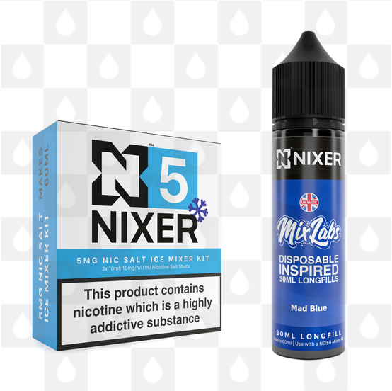 Mad Blue by Mix Labs x Nixer E Liquid | 60ml Long Fill, Nicotine Type: Nicotine Salt, Strength & Size: 05mg Ice Salt • 60ml • Inc Shots (50/50)