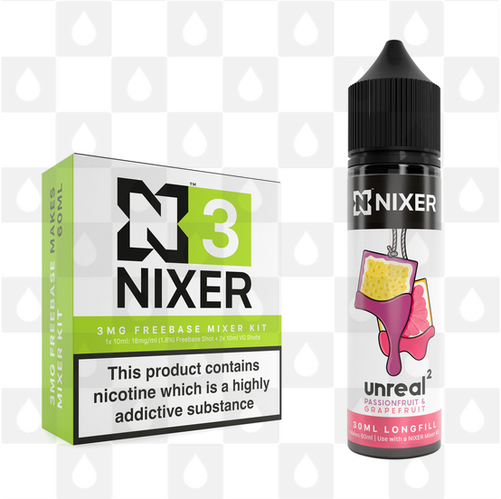 Passionfruit & Grapefruit by Unreal 2 x Nixer E Liquid | 60ml Long Fill, Nicotine Type: Nicotine Free, Strength & Size: 00mg • 60ml • Inc VG/PG Shots (50/50)