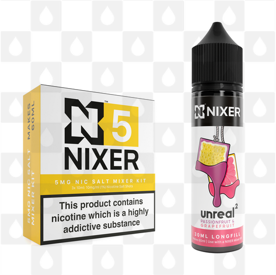 Passionfruit & Grapefruit by Unreal 2 x Nixer E Liquid | 60ml Long Fill, Nicotine Type: Nicotine Salt, Strength & Size: 05mg Salt • 60ml • Inc Shots (50/50)