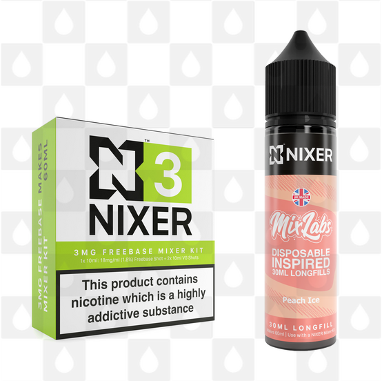 Peach Ice by Mix Labs x Nixer E Liquid | 60ml Long Fill, Nicotine Type: Regular Nicotine, Strength & Size: 03mg • 60ml • Inc Shots (50/50)