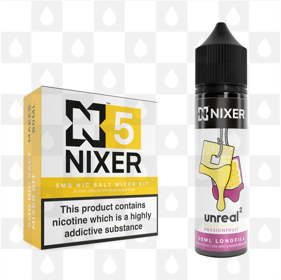 Pineapple & Passionfruit by Unreal 2 x Nixer E Liquid | 60ml Long Fill, Nicotine Type: Nicotine Salt, Strength & Size: 05mg Salt • 60ml • Inc Shots (50/50)