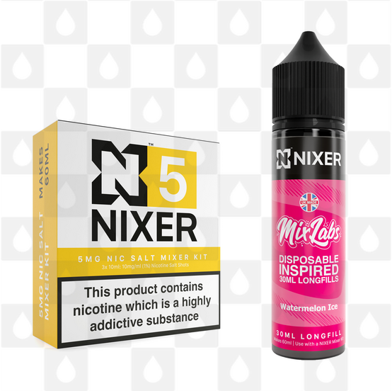 Watermelon Ice by Mix Labs x Nixer E Liquid | 60ml Long Fill, Nicotine Type: Nicotine Salt, Strength & Size: 05mg Salt • 60ml • Inc Shots (50/50)