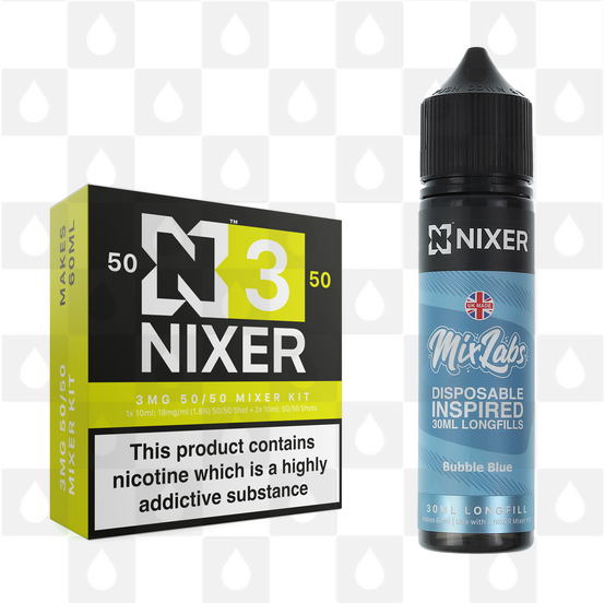 Bubble Blue by Mix Labs x Nixer E Liquid | 60ml Long Fill, Nicotine Type: Regular Nicotine, Strength & Size: 03mg • 60ml • Inc Shots (50/50)