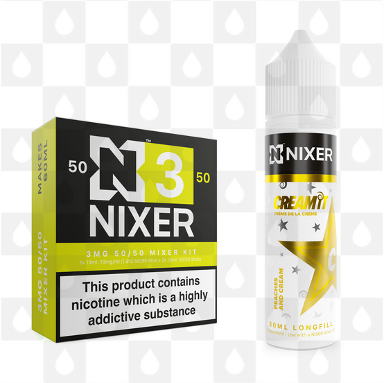 Peaches and Cream by Cream It x Nixer E Liquid | 60ml Long Fill, Nicotine Type: Regular Nicotine, Strength & Size: 03mg • 60ml • Inc Shots (50/50)
